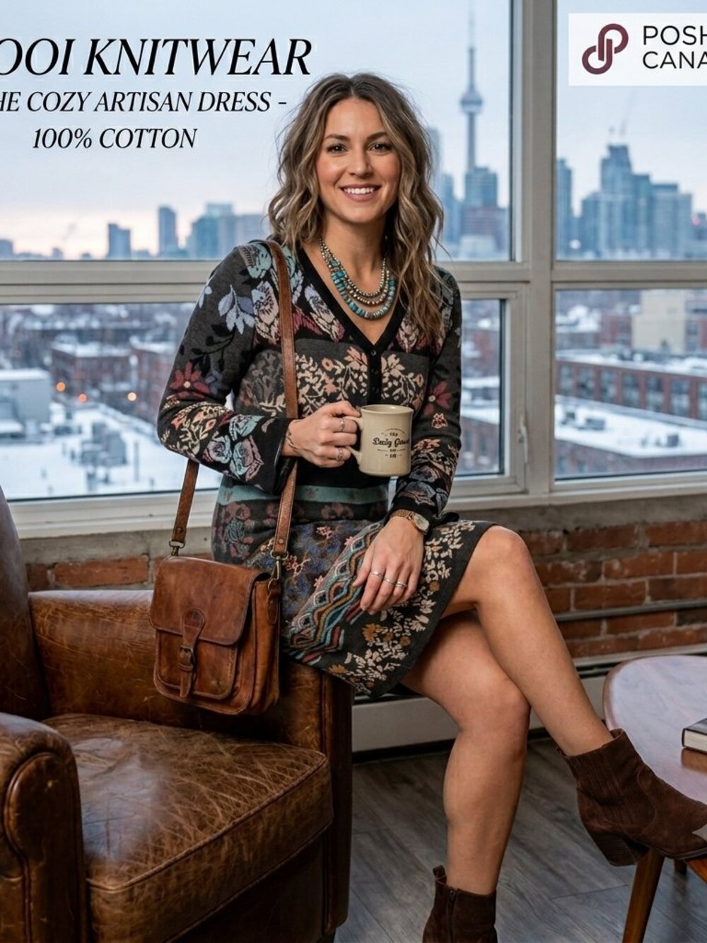 KOOI Knitwear Floral Fair Isle Knit Henley Dress Wearable Art